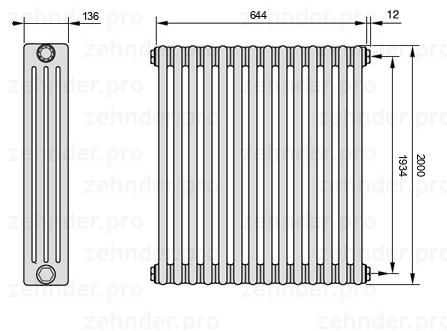 Схема (чертеж) Радиатор Zehnder Charleston 4200/14 №7610 Белый глянцевый RAL 9016